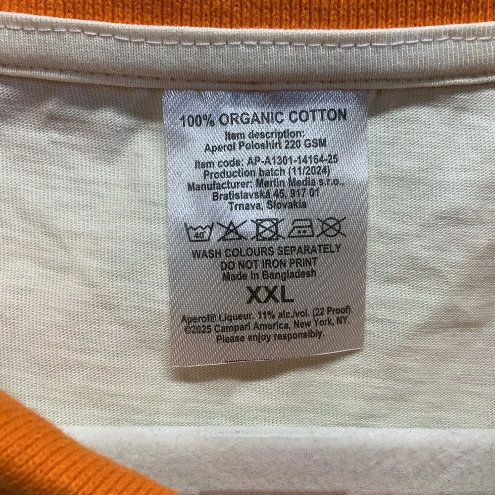 Aperol Liquors Polo Shirt Sz XXL 2X Organic Cotton Collared Spellout Graphic EUC